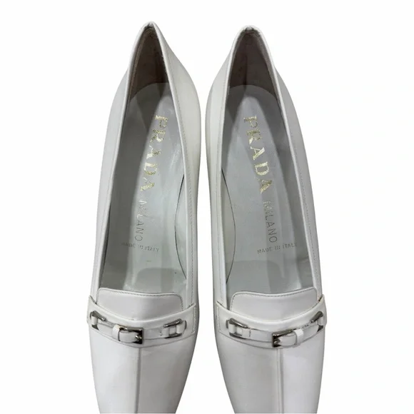 Prada Milano White Leather Kitten Heel Pumps Pointed Toe Size 38 - Picture 9 of 9